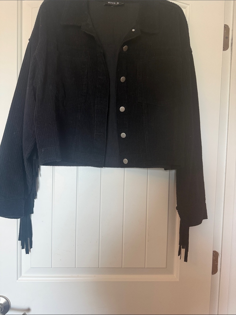 Black Corduroy Button-Front Fringe Jacket